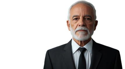 Serious senior businessman looking at camera on transparent background
