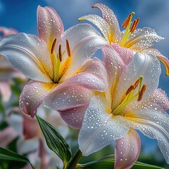 Delicate lily blooms with fresh water droplets glistening in bright sunlight against a blue sky