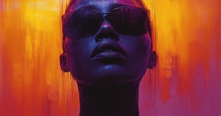 Surreal Portrait of Faceless Figure in Glitch Art with Bold Purple and Yellow Stripes