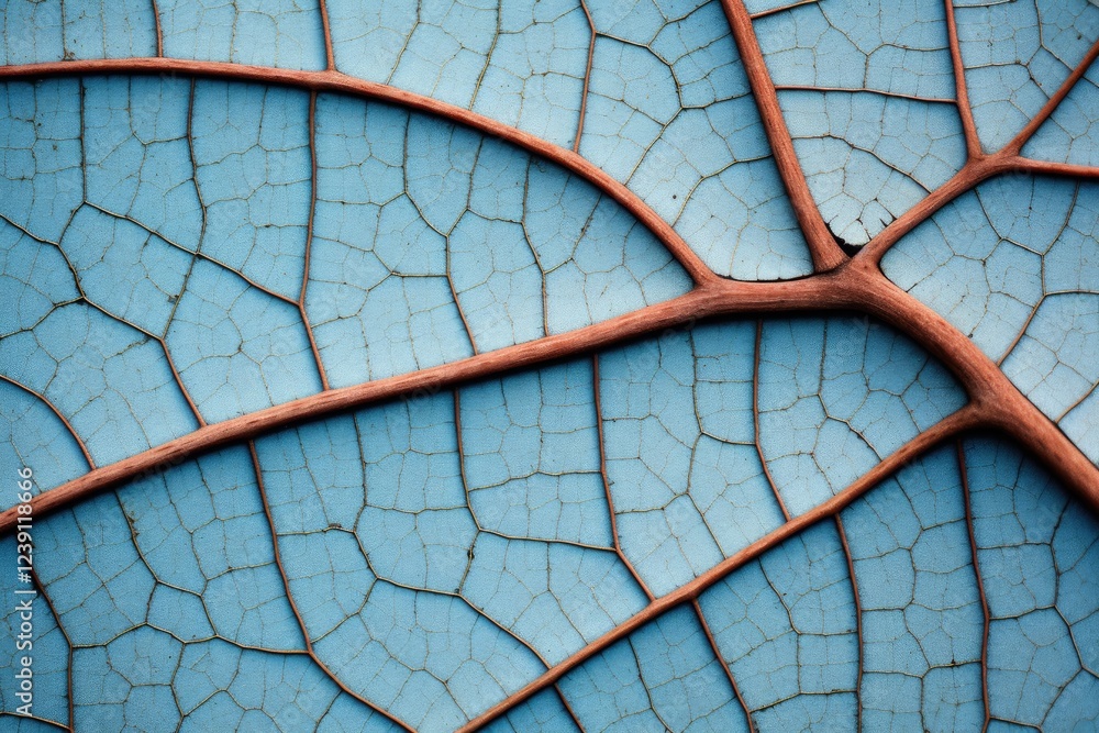 Poster macro view of blue leaf with brown veins showing intricate pattern. natural texture background for e