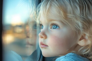 Little girl observing the world outside through a window