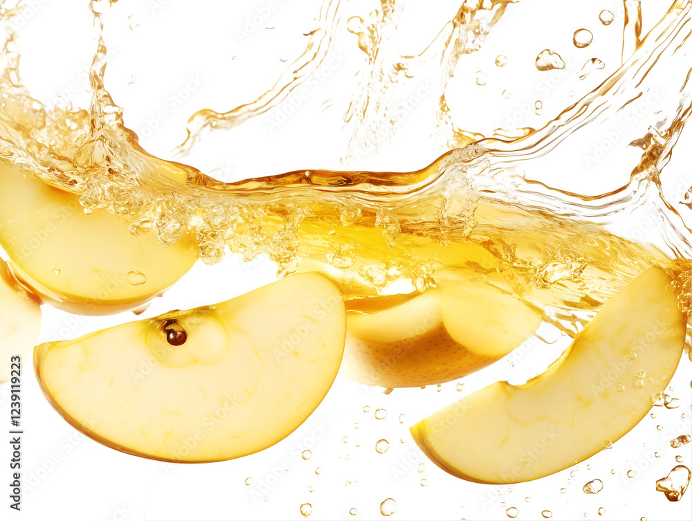 Poster apple slices submerged in a wave of juice, isolated on transparent png background, capturing the dyn