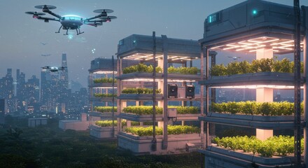 Obraz premium Eco-Friendly Urban Agriculture: Futuristic drone hovers above vertical farms in a city, symbolizing innovative sustainable food production methods