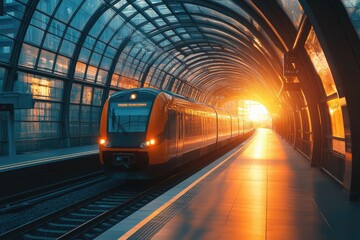 Fototapeta premium Modern train arriving at sunset at railway station platform