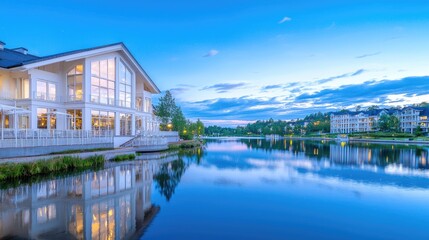 Fototapeta premium Lakeside luxury home at dusk, tranquil waters, residential background, real estate