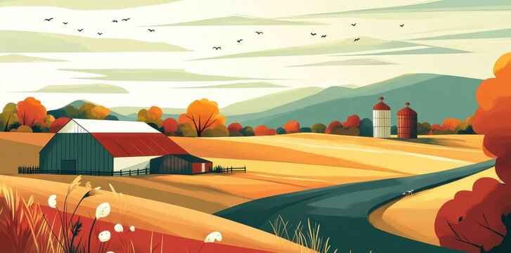 Autumn Farm Scene with Barn and Silos