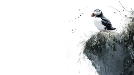 Atlantic puffin perched on cliff, birds flying, nature scene, wildlife photography