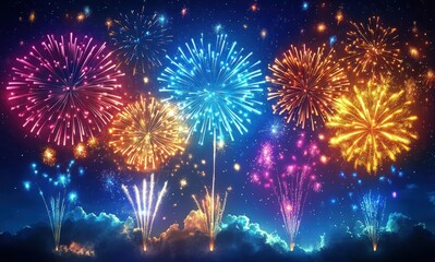 Fototapeta premium Colorful Fireworks Display Over Cloudy Night Sky with Vibrant Sparks and Glittering Lights Celebrating Events and Festivals in a Beautiful Scene