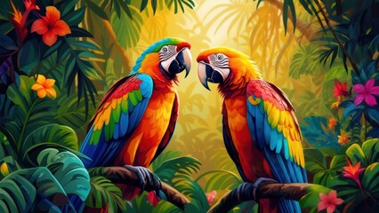 Colorful parrots perched in a vibrant tropical rainforest surrounded by lush greenery