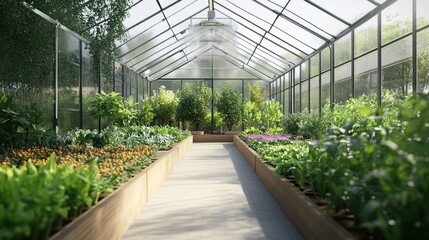 Greenhouse Filled With Lush Green Plants And Flowers