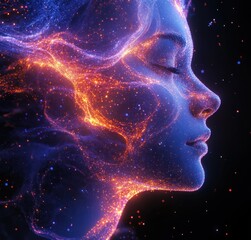 Surreal Portrait of Elf Woman's Face with Colorful Particles and Glowing Texture