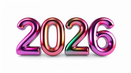 Futuristic 2026 metallic typography with glossy 3D design isolated on white background..