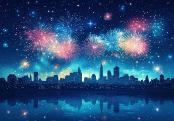 Colorful Fireworks Display Over Stunning City Skyline At Night Reflecting In Calm Water