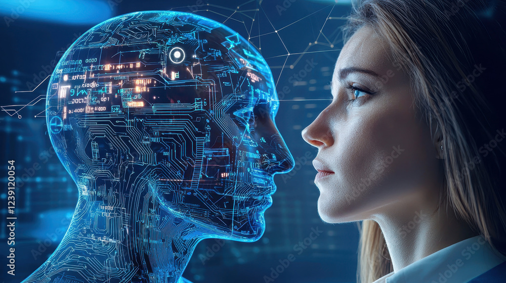Poster image depicts futuristic interaction between human and digital representation of artificial intellig
