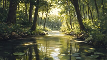 Obraz premium Serene forest landscape, tranquil stream reflecting sunlight, lush greenery promoting relaxation and nature themes, spacious for text.