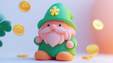 Fototapeta premium A cheerful green gnome figure with a clover hat, surrounded by golden coins, evoking a festive and whimsical atmosphere.