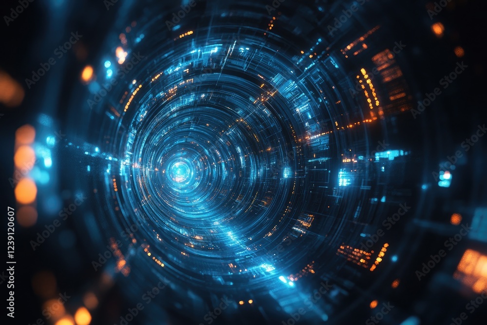 Aufkleber futuristic tunnel rotating with blue and orange lights and digital data flowing