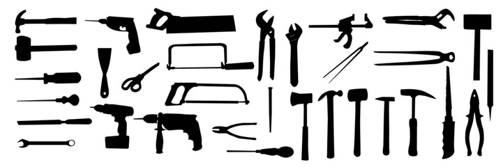 Set of hand tools. Silhouettes of tools for repair. Hammer, screwdriver, screwdriver, drill, saw
