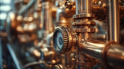 Copper pipes with gauge in focus industrial equipment for brewery or distillery close up view