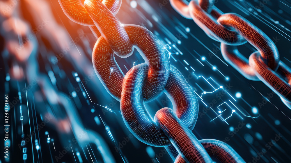 Poster abstract visualization of blockchain data with glowing chains and digital elements
