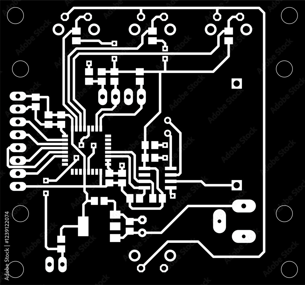 Poster tracing conductors of printed circuit board of electronic device. vector engineering drawing of pcb 
