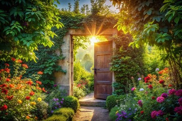 Gateway to Hope:  Sunlight streams through a weathered wooden door, partially open, revealing a lush garden pathway bursting with colorful blooms. The scene is filled with hope.