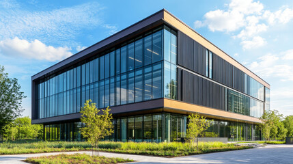 Fototapeta premium Modern office building featuring sleek glass facade and minimalistic design at sunset
