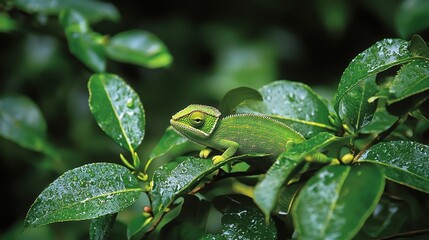 A vibrant green lizard perched on lush, raindrop-covered leaves in a natural, leafy environment.