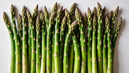 Fototapeta premium Fresh bunch of bright green asparagus arranged neatly on a plate, showcasing its fresh appearance and healthy characteristics.