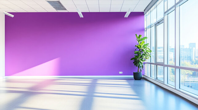 Bright and spacious office featuring a purple accent wall with neutral lighting and large windows