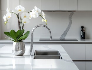 Modern Kitchen Interior with White Orchid in Silver Pot