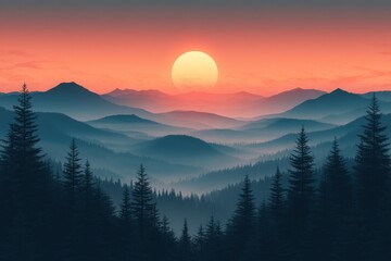 Obraz premium Serene Minimalist Mountain Landscape with Evergreen Trees and Gentle Sky Gradients