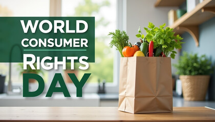 Informative World Consumer Rights Day banner highlighting fresh vegetables in a grocery bag, symbolizing consumer rights and public advocacy.