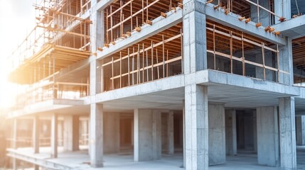Fototapeta premium Workers construct a modern building at sunset, showcasing wooden scaffolding and concrete pillars