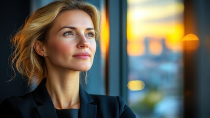 Fototapeta premium A focused woman with blonde hair looks out the window at a vibrant sunset, reflecting on her day
