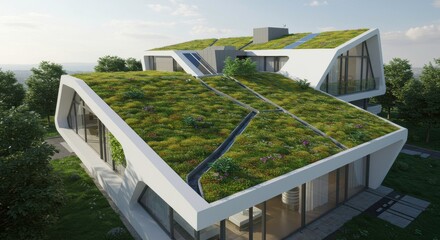 Eco-Friendly Dream Home: Captivating perspective of a modern architectural marvel featuring a unique green roof seamlessly integrated into a natural landscape.