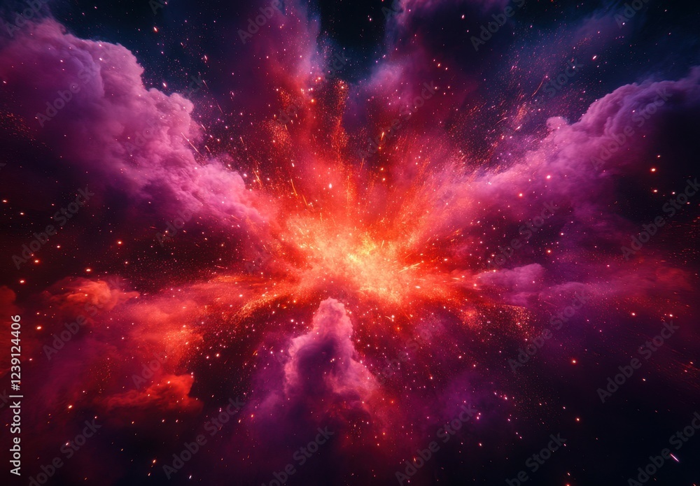Poster dramatic colorful explosion of cosmic nebula with bright star field and ethereal clouds in the vastn
