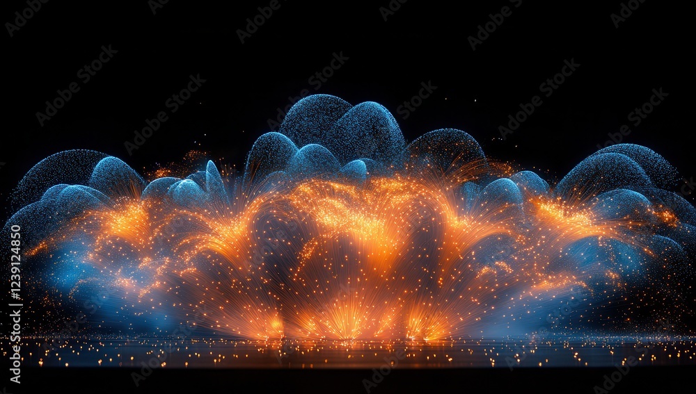Poster dramatic explosion with bright sparks and colorful particles against a black background for dynamic 