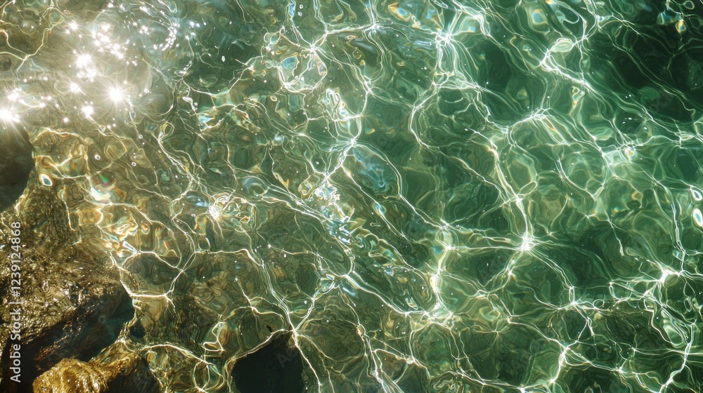 Poster glistening rays of sunlight penetrate surface waves, casting shimmering reflections in turquoise wat