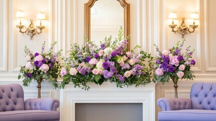 Elegant floral arrangement in a luxurious interior with purple flower, sofas, and ornate lighting