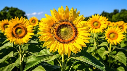 Obraz premium Sunflower blooms in field under a clear sky, with trees in the background, for agriculture