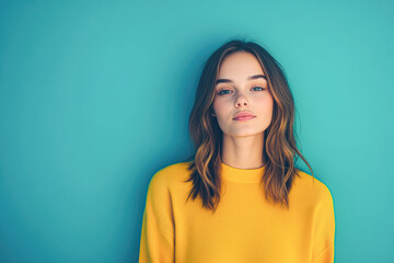 Fototapeta premium Portrait of a young woman in yellow sweater against teal background