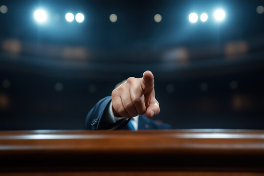 speaker pointing with finger at camera during public speech