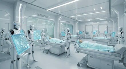 Obraz premium Futuristic Medical Care: Robotic doctors provide advanced medical care in a sterile, high-tech facility.