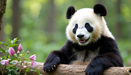 Obraz premium Engaging banner for National Panda Day, highlighting a joyful panda in its natural habitat, aimed at promoting wildlife conservation and the charm of these magnificent animals.
