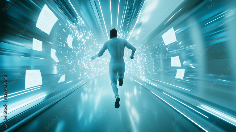 Aufkleber dynamic motion blur captures a person running through a futuristic corridor at high speed in a visua