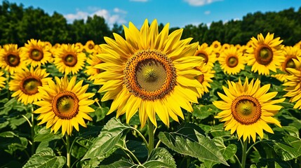 Obraz premium Sunflowers bloom brightly in field; green foliage below; forest, clear blue sky in the background; for summer