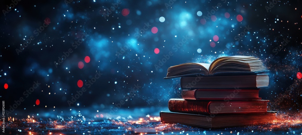 Poster enchanted books stack surrounded by mystical light and sparkling stars in an ethereal atmosphere of 