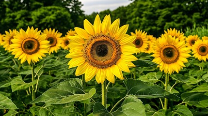 Obraz premium Sunflowers blooming in field, summer day. Nature background for website, print