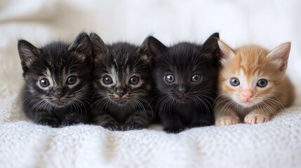 Four kittens relaxing on soft white blanket